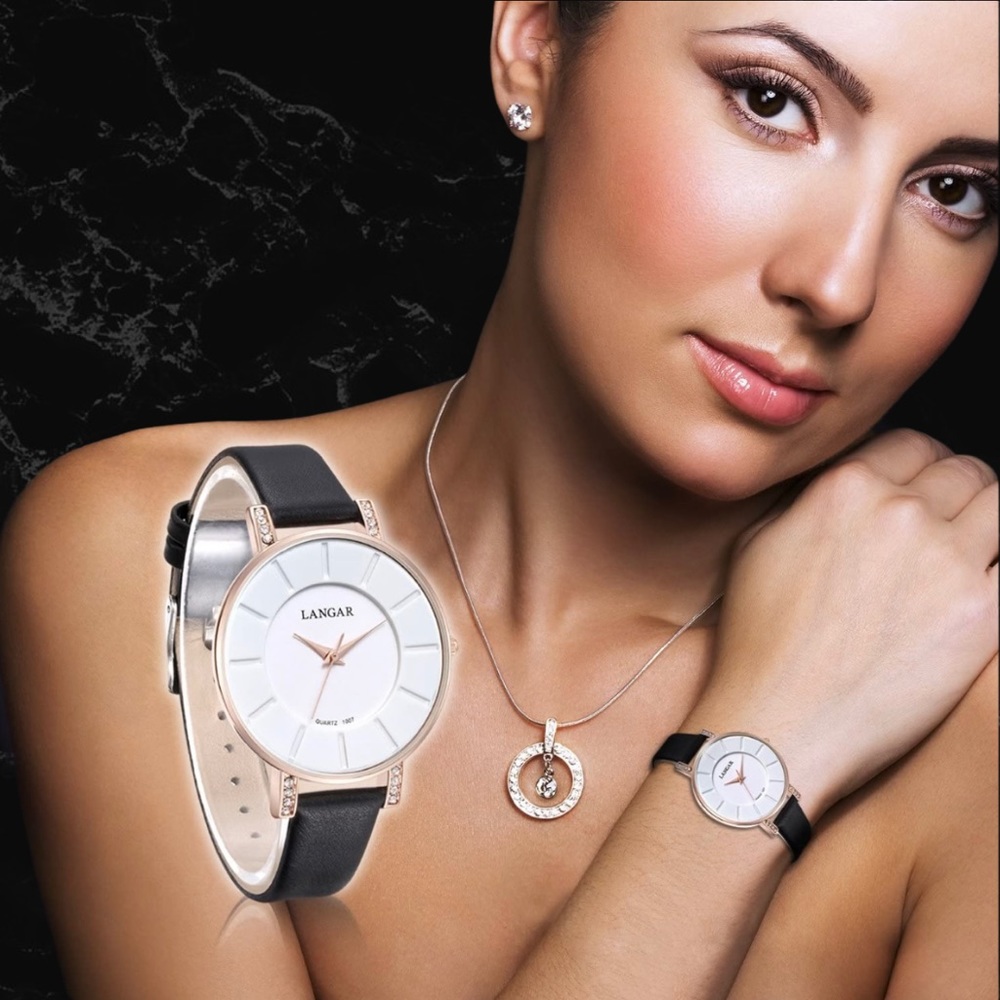 Women’s Leather Watch w/ Crystal Embedded Band
